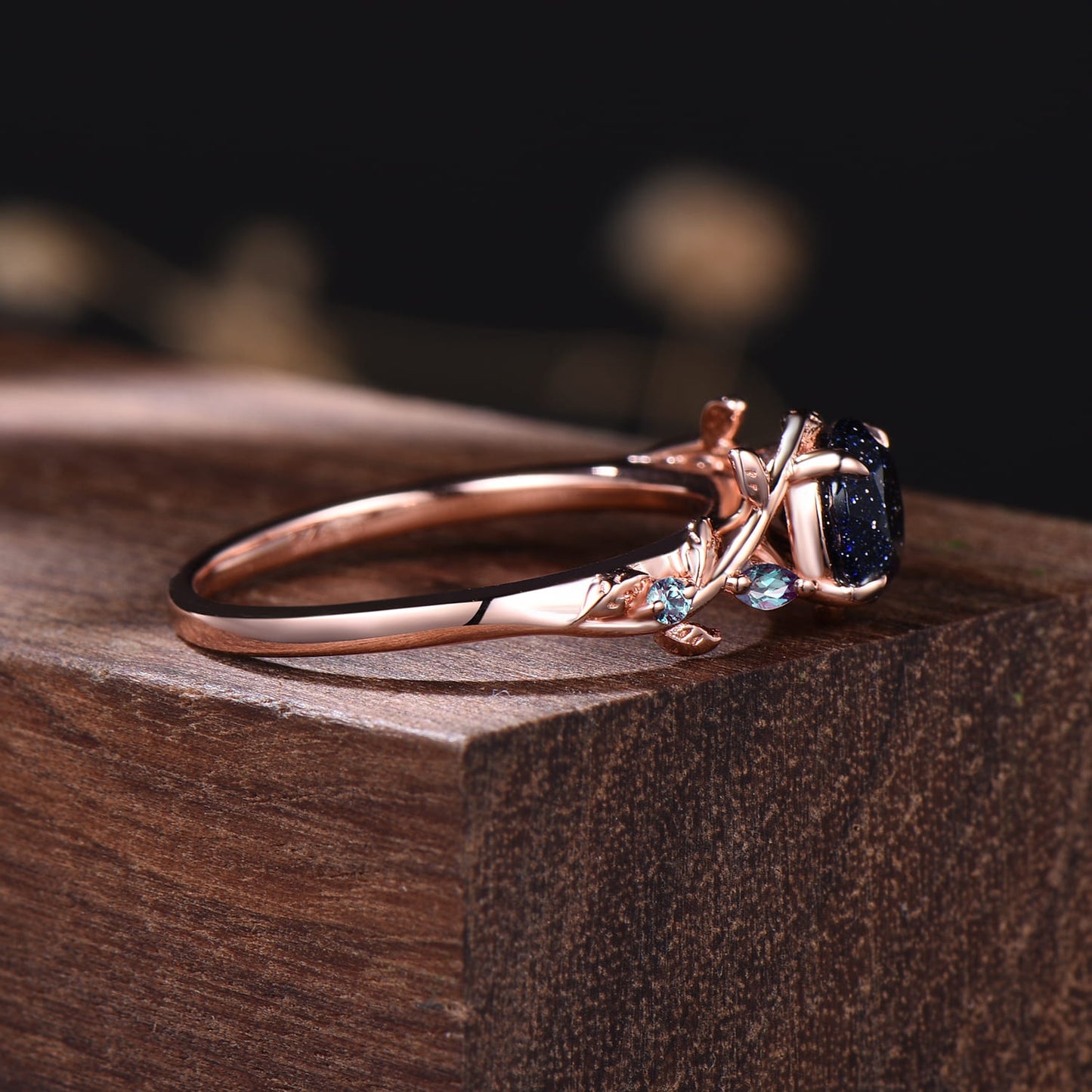 Rose Gold Twig Leaf Blue Sandstone Ring | Nature Inspired Galaxy Star Stone Alexandrite Promise Ring
