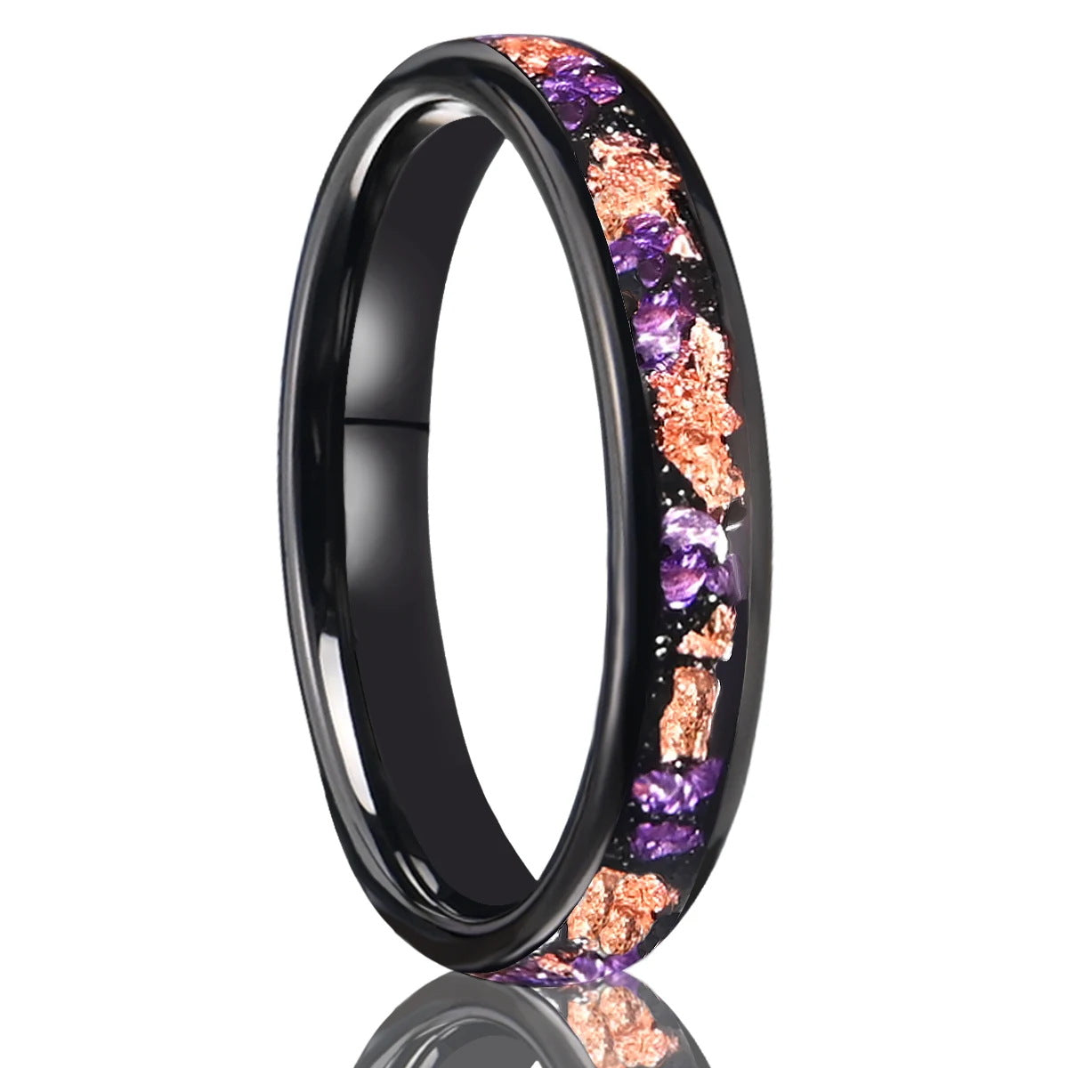 4mm Nebula Black Ring with Crushed Amethyst & Rose Gold Flakes