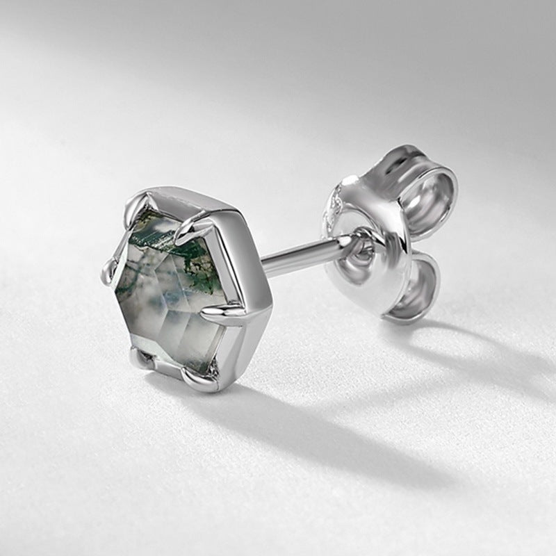 Hexagon Moss Agate Minimalist Studs Earrings Bezel Set