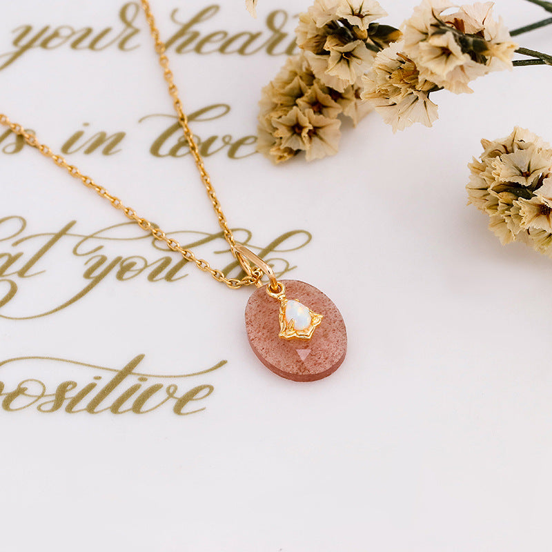Aura Strawberry Quartz Necklace with White Opal Drop Pendant