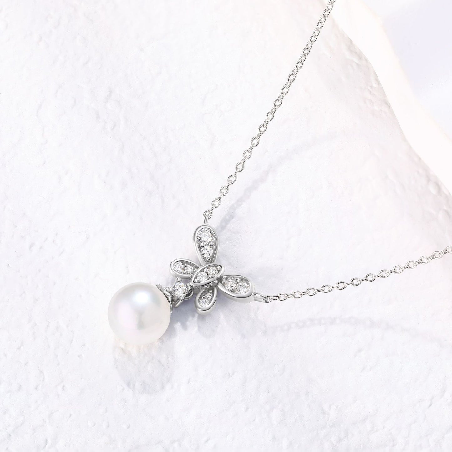 Unique Butterfly Drop Pearl Necklace White Gold Finish