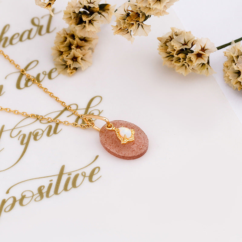 Aura Strawberry Quartz Necklace with White Opal Drop Pendant