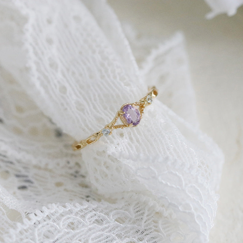 Dainty Amethyst Split Shank Engagement Ring Hollowed Out Paperclip Sky Blue Topaz Promise Ring 14K Gold Plated Hexagon Band