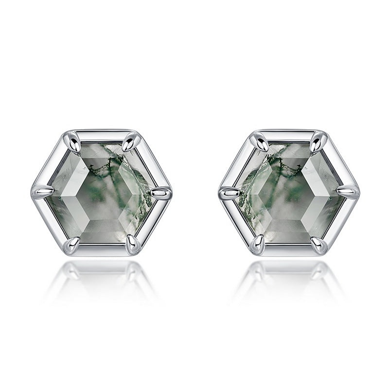 Hexagon Moss Agate Minimalist Studs Earrings Bezel Set