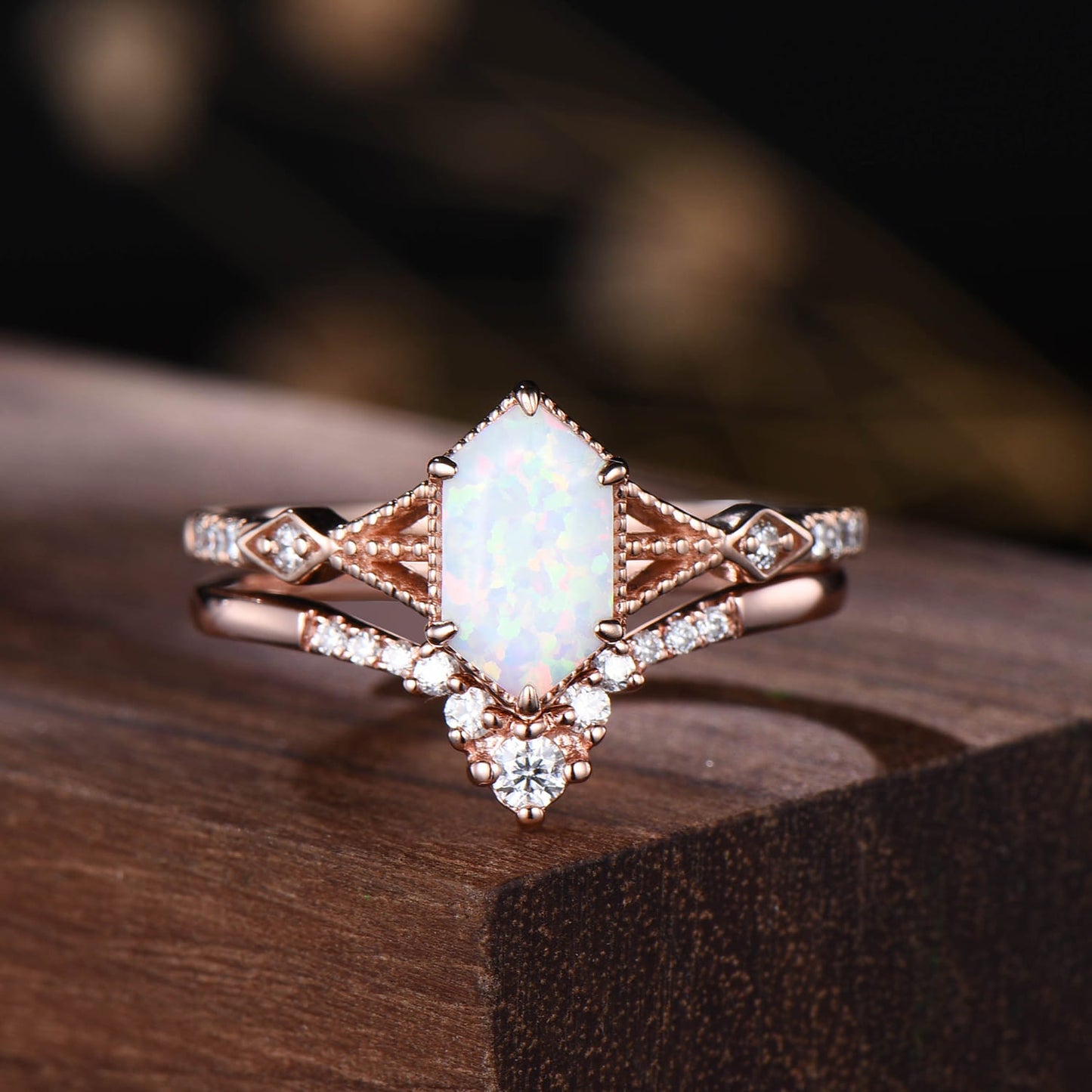 Vintage Hexagon Opal Bridal Set Art Deco Crown Moissanite Curved Band