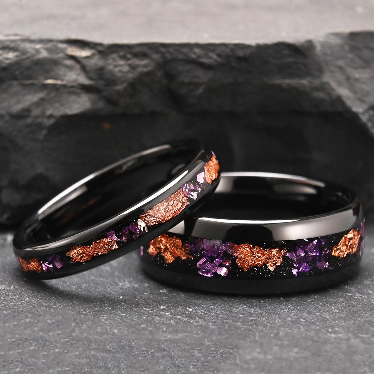4mm Nebula Black Ring with Crushed Amethyst & Rose Gold Flakes