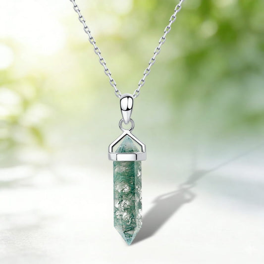 Long Hexagon Cut Guardian Tower Moss Agate Necklace Pendant