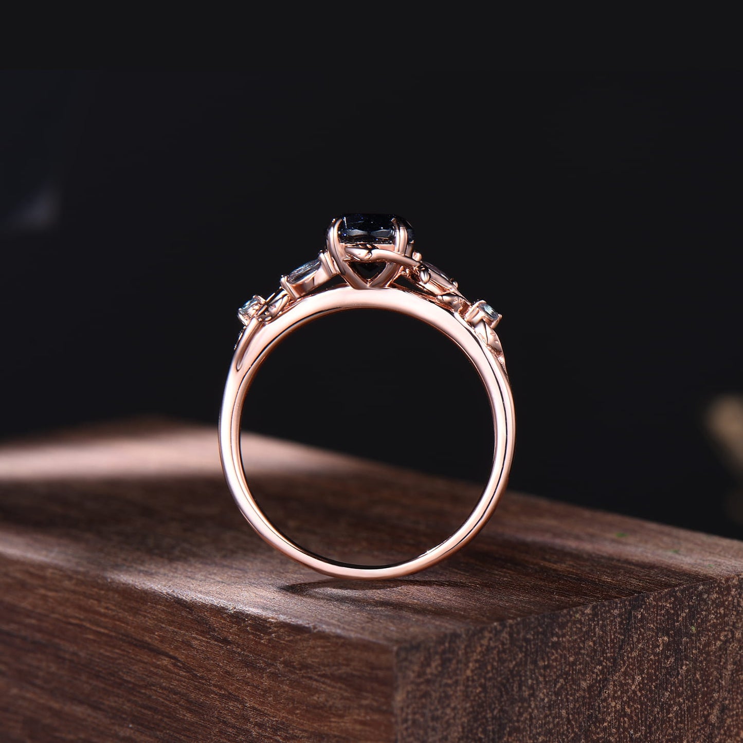 Rose Gold Twig Leaf Blue Sandstone Ring | Nature Inspired Galaxy Star Stone Alexandrite Promise Ring