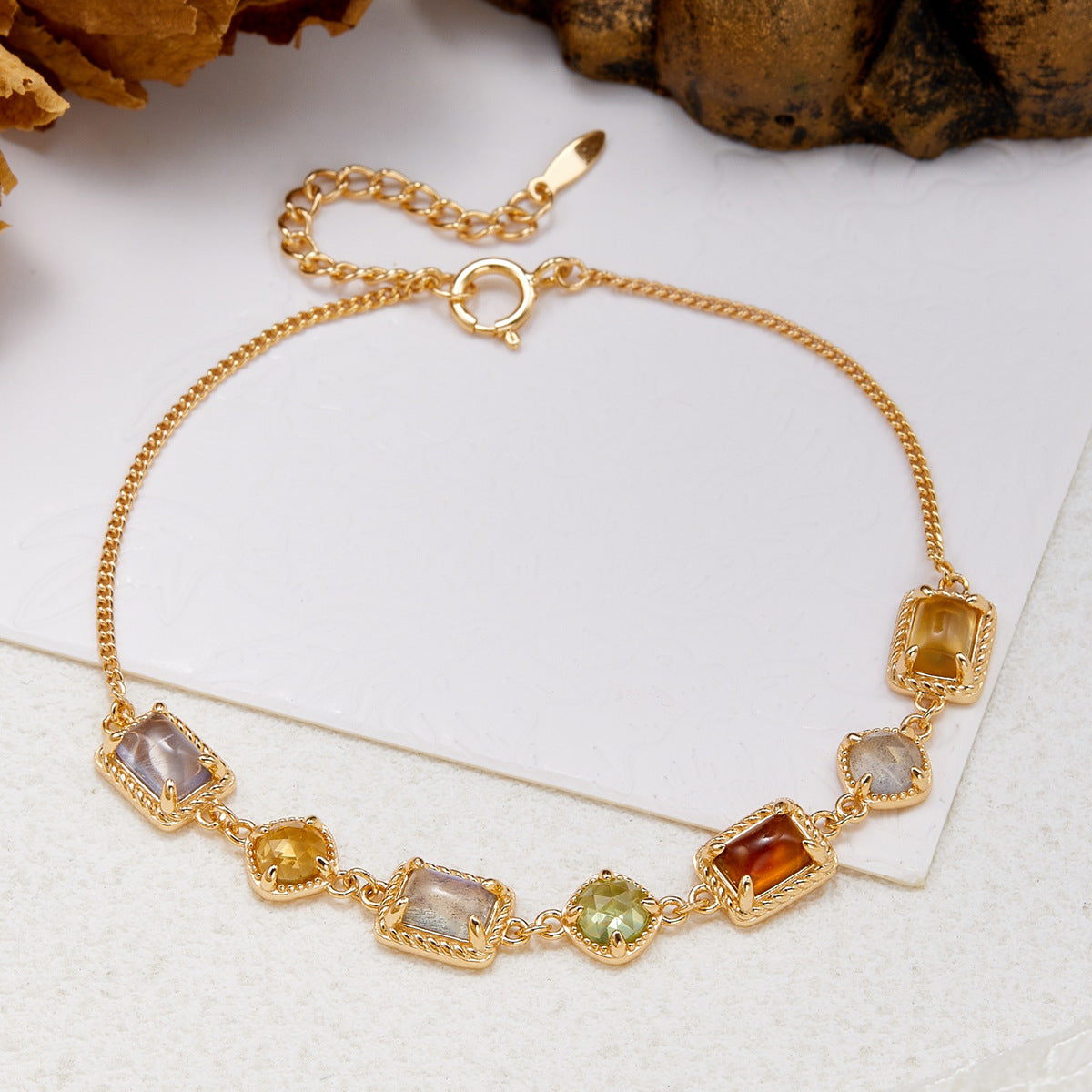 Natural Multi Gemstone Necklace, Citrine, Amber, Peridot, Labradorite & Iolite 14K Gold Plated Vintage Chain Necklace for Women