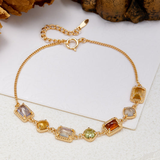Natural Multi Gemstone Necklace, Citrine, Amber, Peridot, Labradorite & Iolite 14K Gold Plated Vintage Chain Necklace for Women
