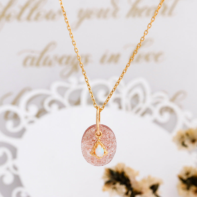 Aura Strawberry Quartz Necklace with White Opal Drop Pendant