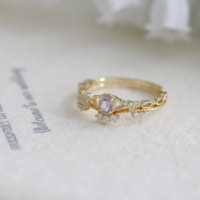 Dainty Amethyst Split Shank Engagement Ring Hollowed Out Paperclip Sky Blue Topaz Promise Ring 14K Gold Plated Hexagon Band