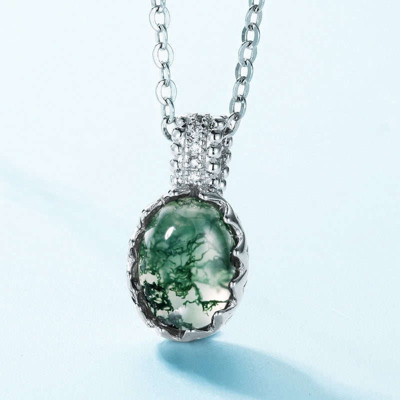 Vintage Oval Natural Moss Agate Necklace Filigree Forest Green Pendant