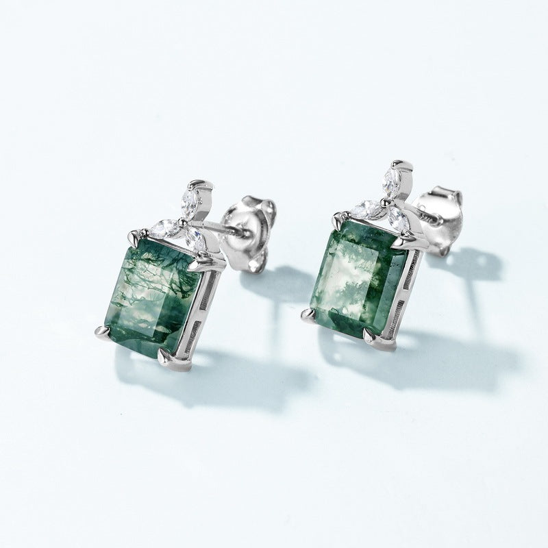 Elegant Forest Emerald Cut Moss Agate Earrings - Sophisticated Nature Inspired Gift