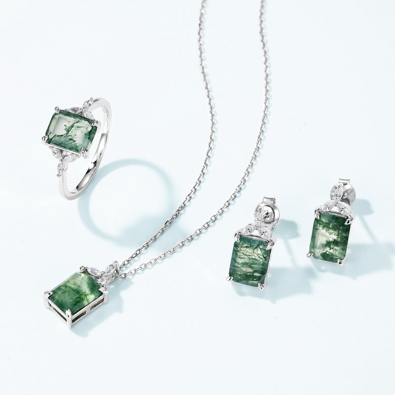 Elegant Forest Emerald Cut Moss Agate Earrings - Sophisticated Nature Inspired Gift