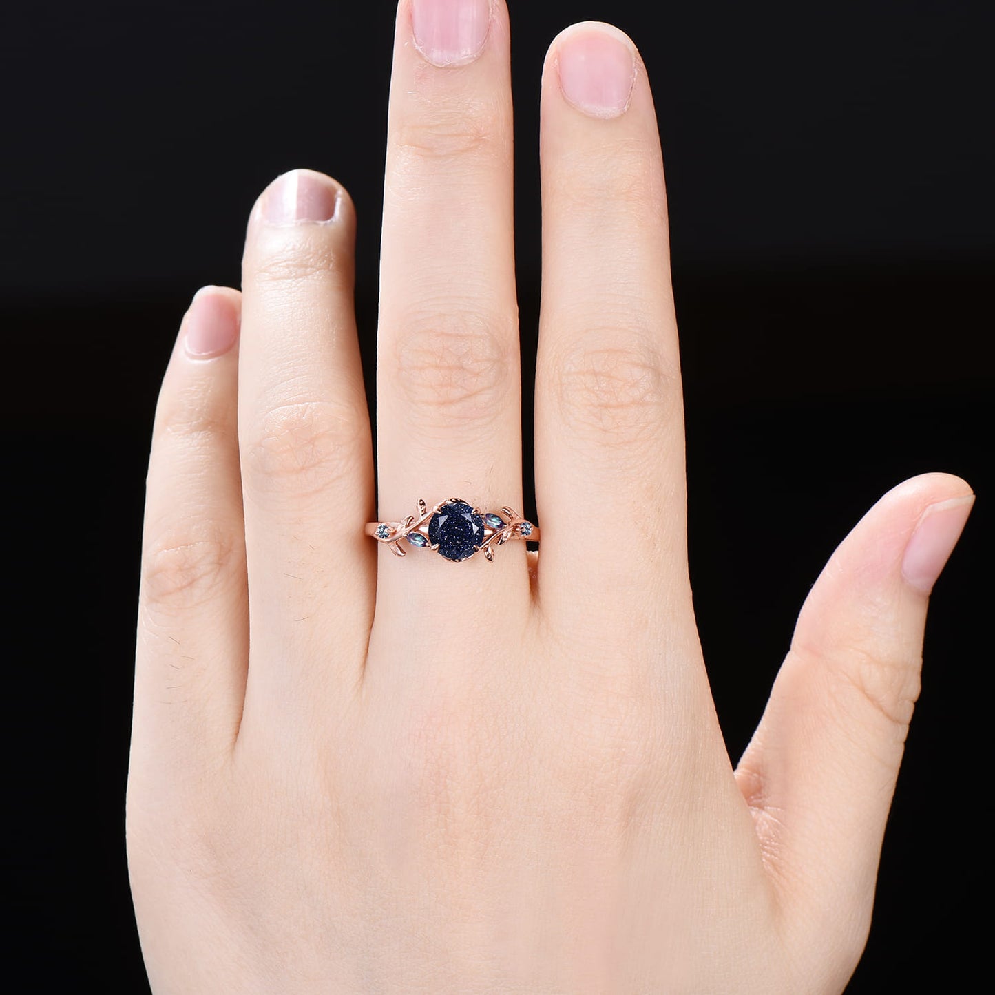 Rose Gold Twig Leaf Blue Sandstone Ring | Nature Inspired Galaxy Star Stone Alexandrite Promise Ring