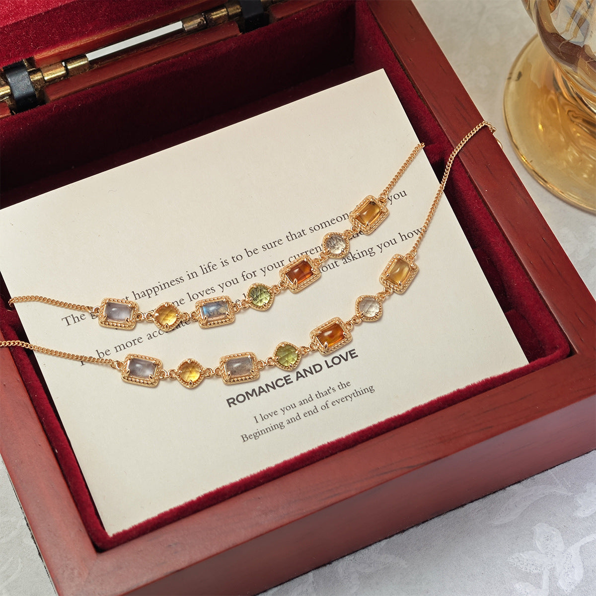 Natural Multi Gemstone Necklace, Citrine, Amber, Peridot, Labradorite & Iolite 14K Gold Plated Vintage Chain Necklace for Women