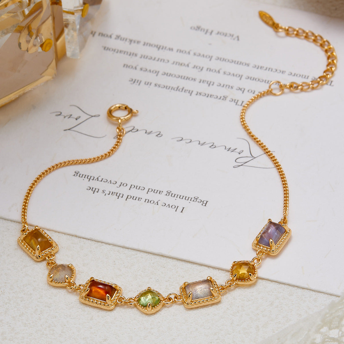 Natural Multi Gemstone Necklace, Citrine, Amber, Peridot, Labradorite & Iolite 14K Gold Plated Vintage Chain Necklace for Women