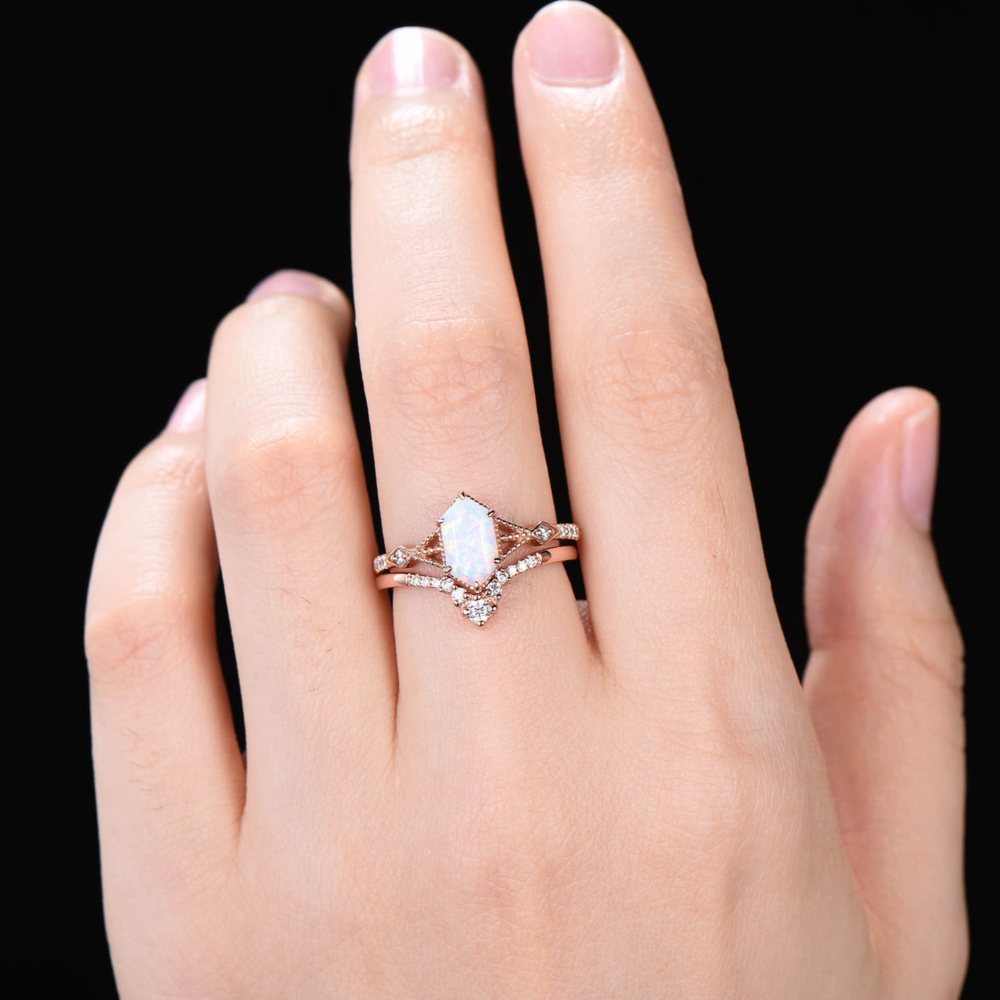 Vintage Hexagon Opal Bridal Set Art Deco Crown Moissanite Curved Band