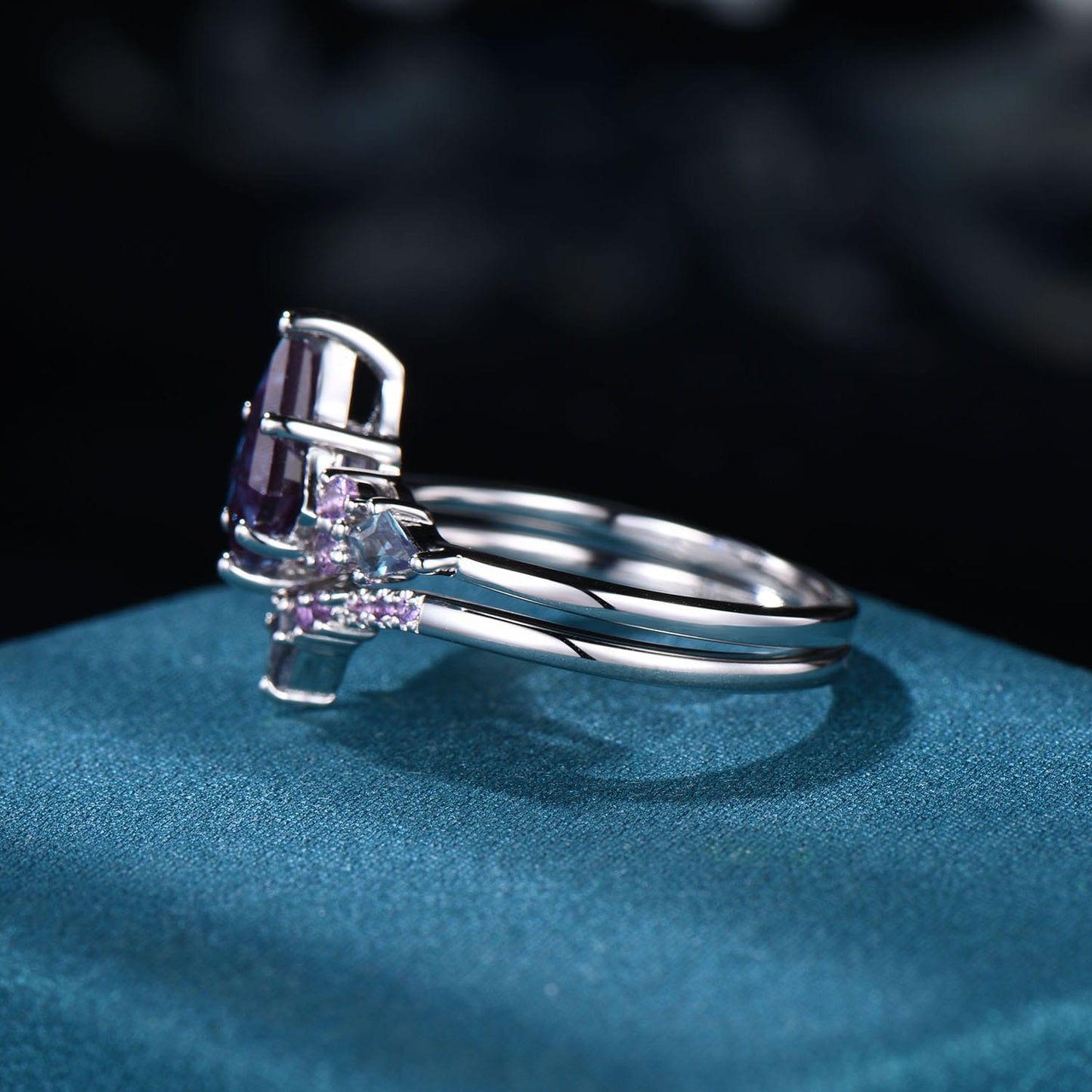 Vintage Kite Cut Alexandrite Ring Set: Rose Gold Cluster Amethyst Wedding Band