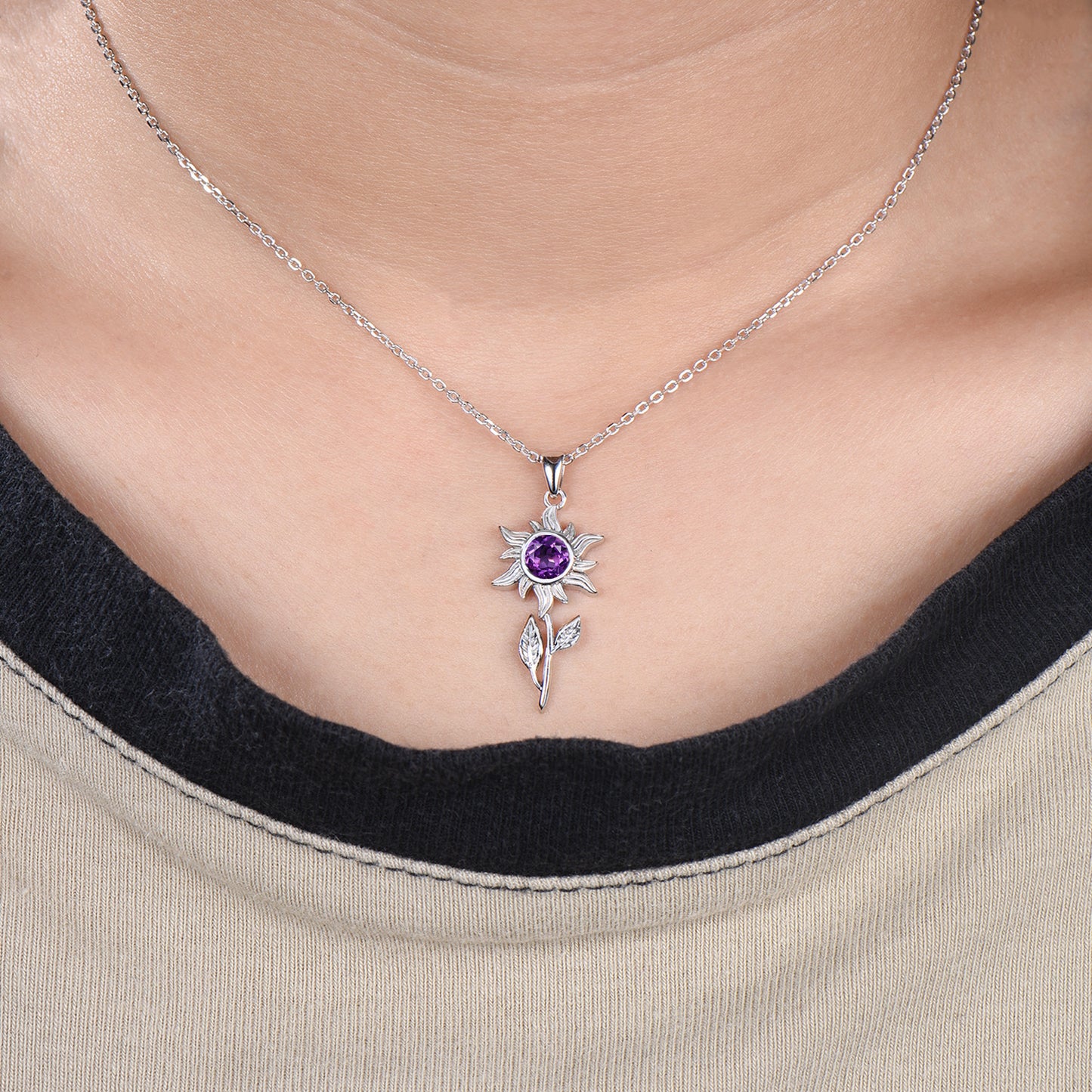 Unique Natural Amethyst Necklace Solitaire leaf Sunflower Pendant Nature Inspired Wedding Necklace Jan Birthstone Anniversary Promise Gifts