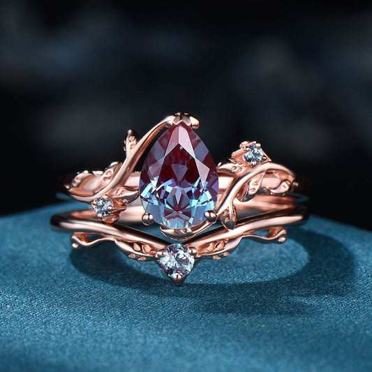 Nature Inpsired Pear Alexandrite Wedding Ring Set: Rose Gold Leaf Vine Stacking Band