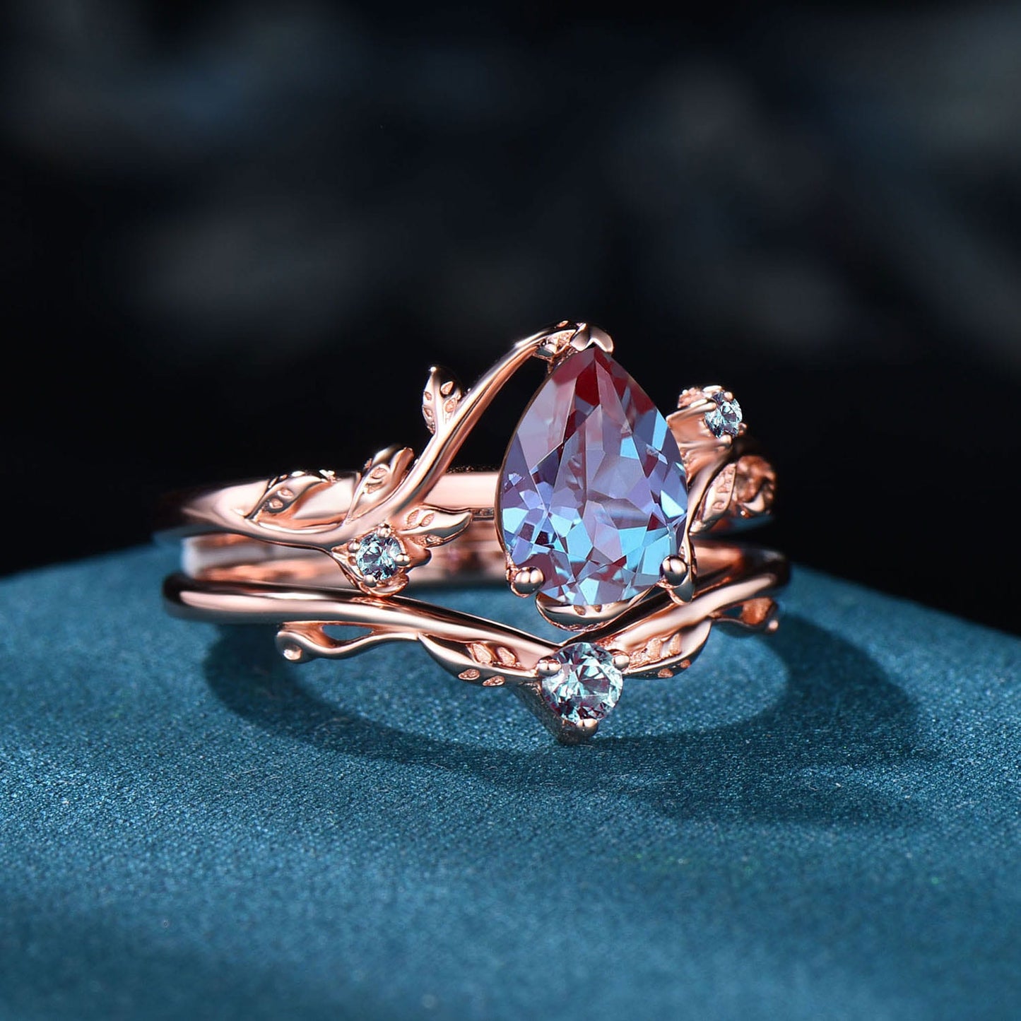 Nature Inpsired Pear Alexandrite Wedding Ring Set: Rose Gold Leaf Vine Stacking Band