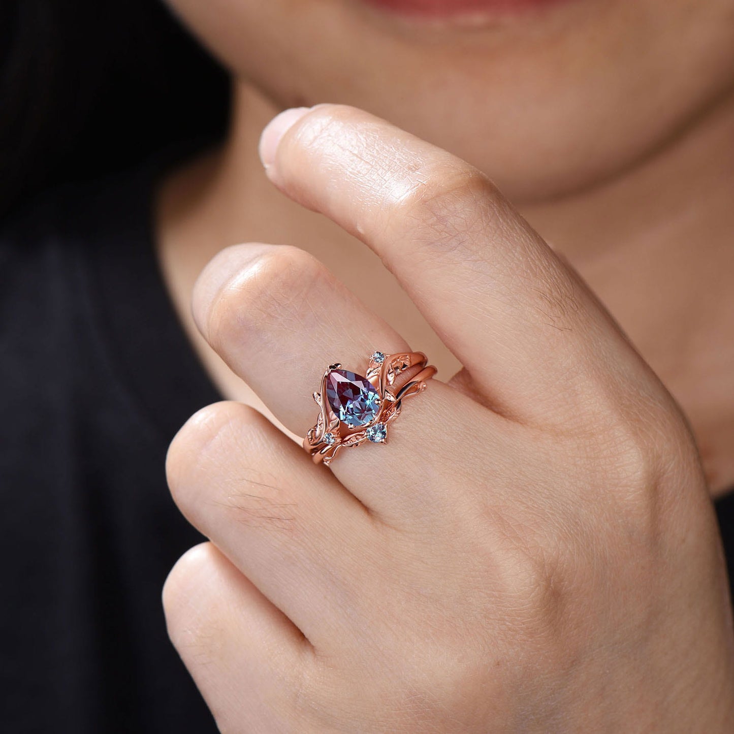 Nature Inpsired Pear Alexandrite Wedding Ring Set: Rose Gold Leaf Vine Stacking Band