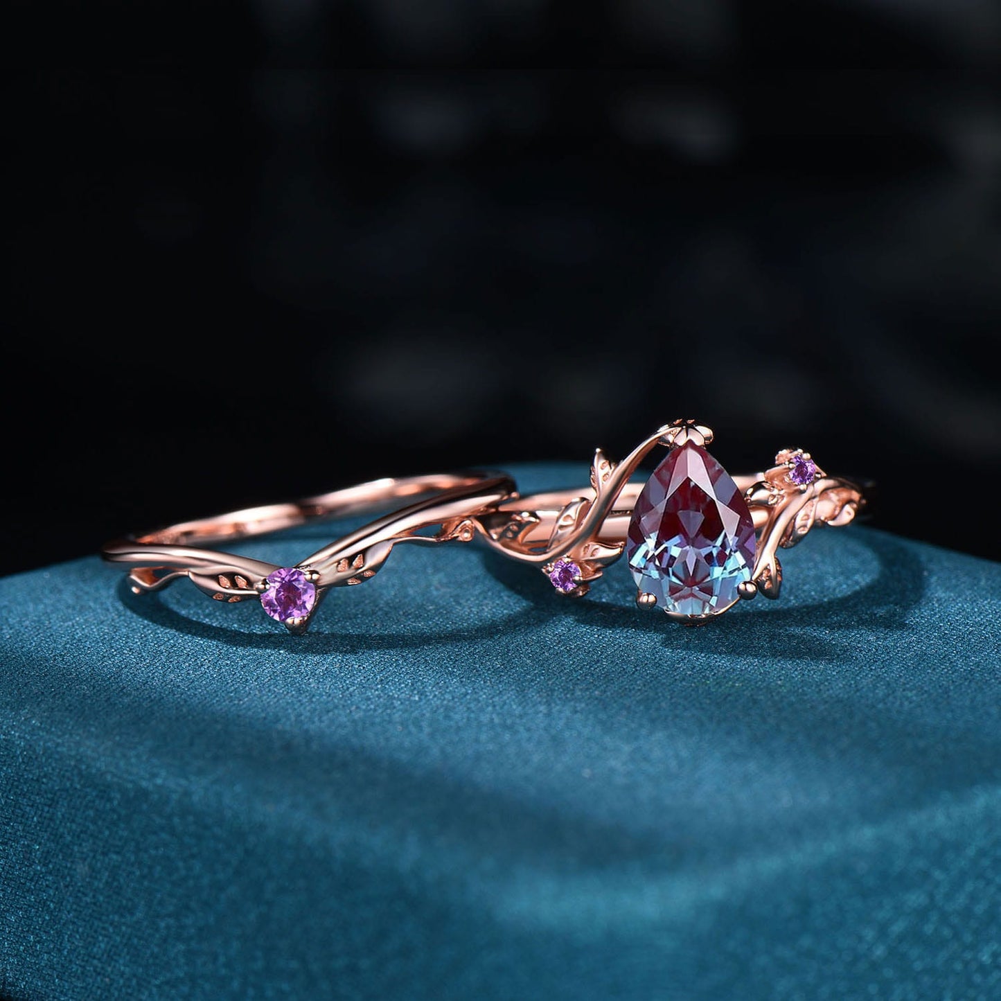 Nature Inpsired Pear Alexandrite Wedding Ring Set: Rose Gold Leaf Vine Stacking Band