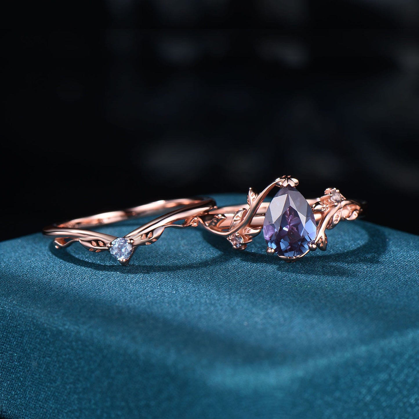 Nature Inpsired Pear Alexandrite Wedding Ring Set: Rose Gold Leaf Vine Stacking Band