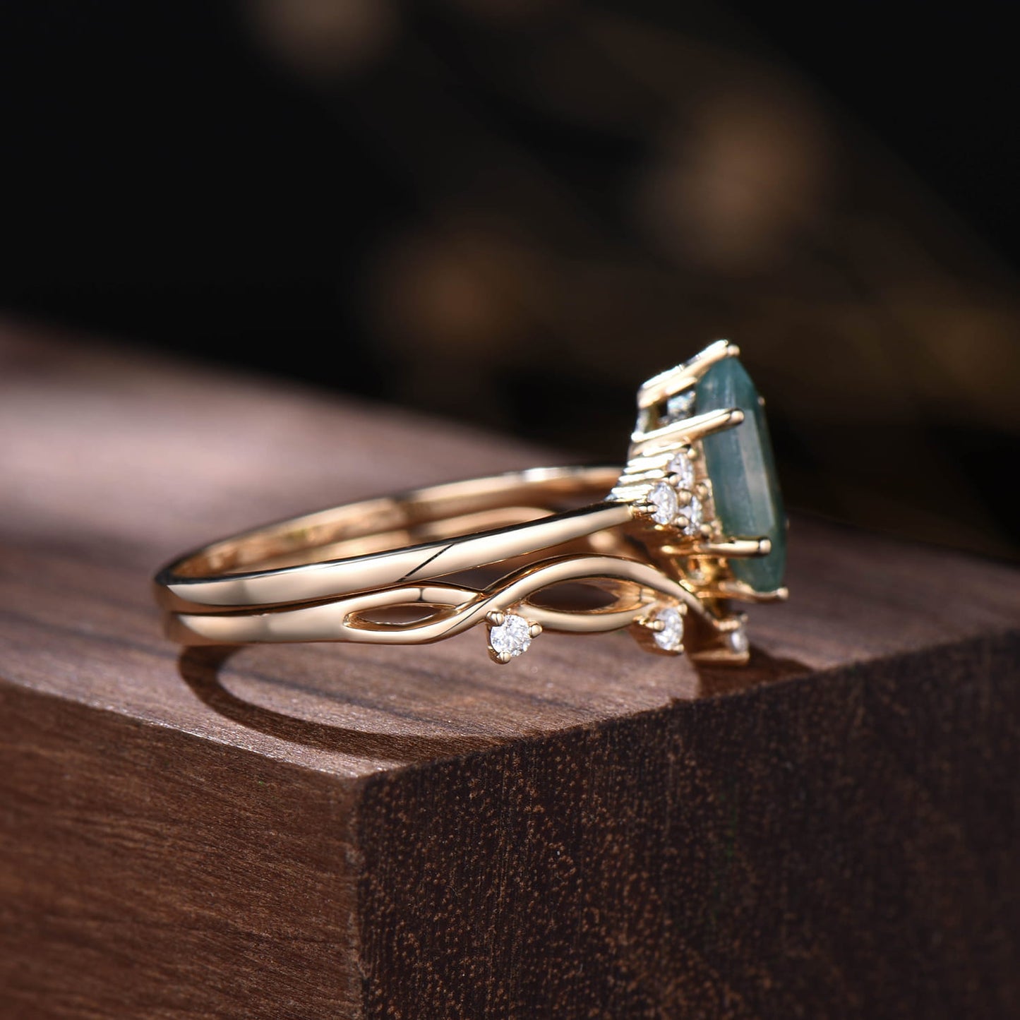 Hexagon Moss Agate Engagement Ring Set, Vintage Nature Inspired Branch Vine Ring, Unique Cluster Bridal Set