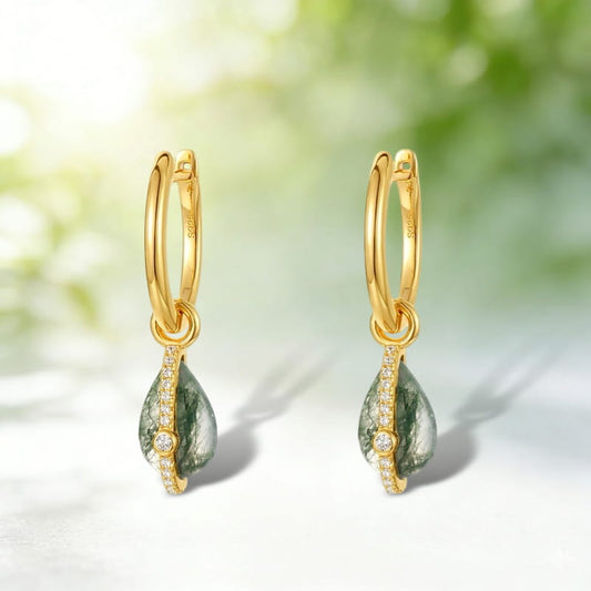 Modern Celestial Moss Agate Pear Shaped Dangle Huggie Earrings