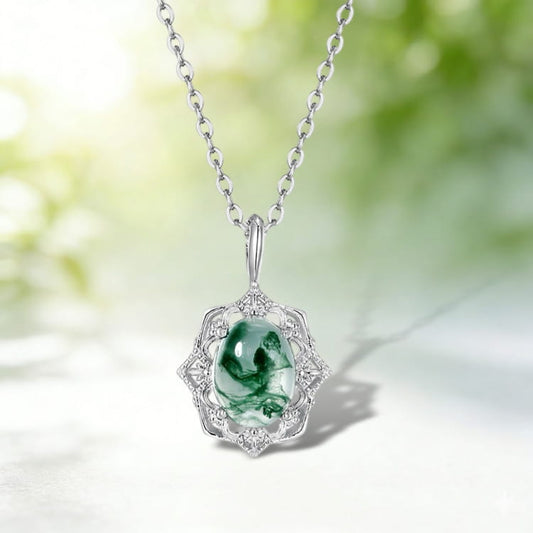 Art Deco Oval Cut Moss Agate Necklace Pendant - Halo