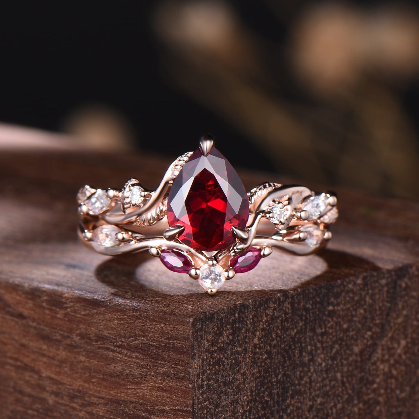 Nature Inspired Pear Ruby Bridal Set 14k rose gold Unique Twig Vine Teardrop Ruby Engagement Ring Ring Set women