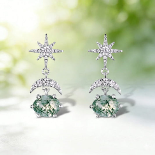 Unique 7x9mm Oval Moss Agate Star and Moon Dangle Earrings