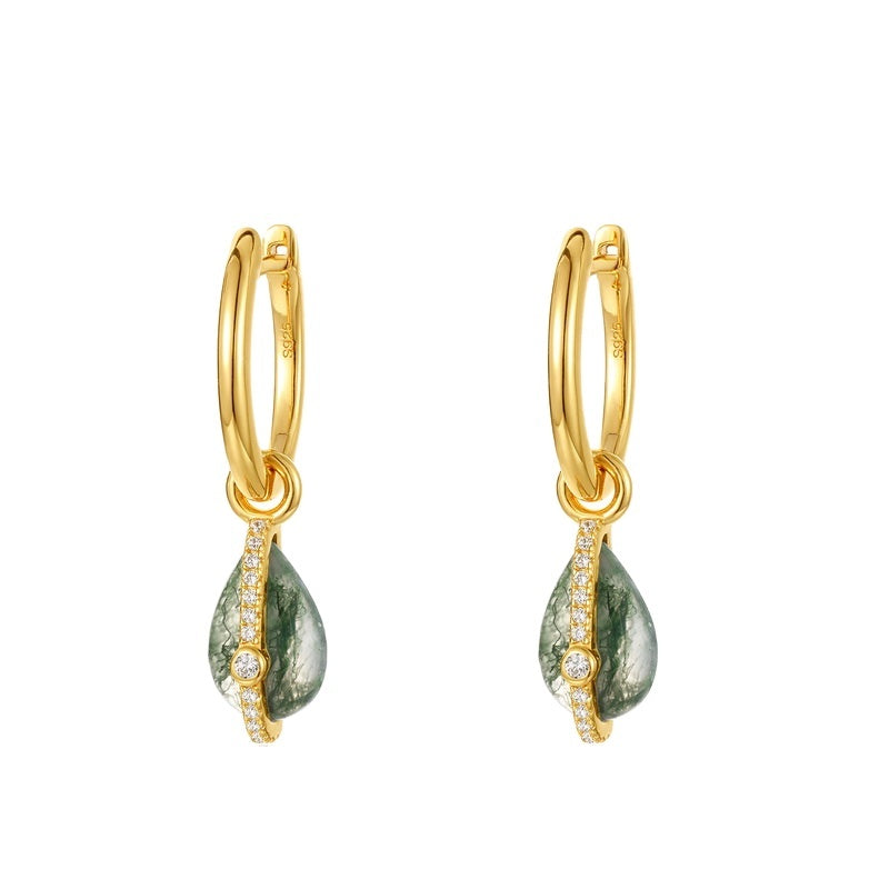 Modern Celestial Moss Agate Pear Shaped Dangle Huggie Earrings