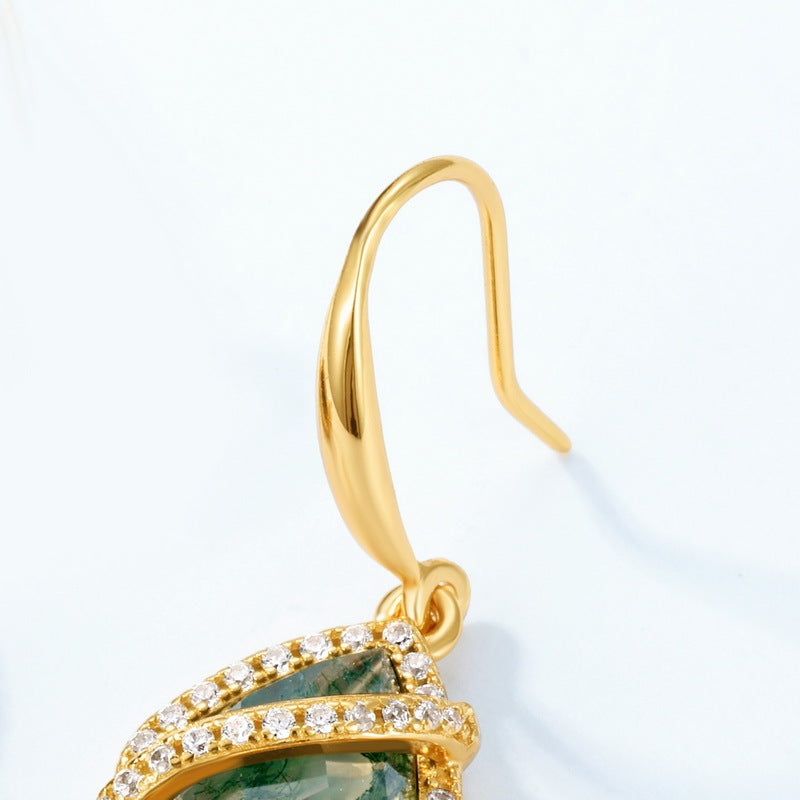 Luxury Moss Agate & Pearl Drop Earrings, Spiral Dangles