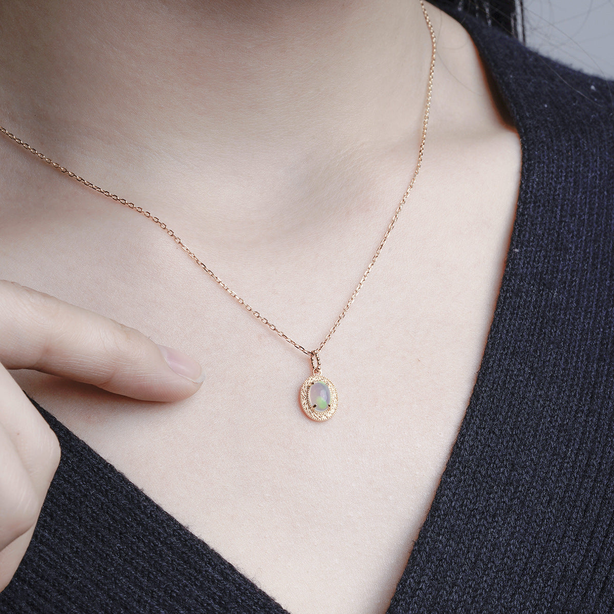 Oval Cabochon Ethiopian Opal Necklace • Vintage Engraved Milgrain Medal Pendant