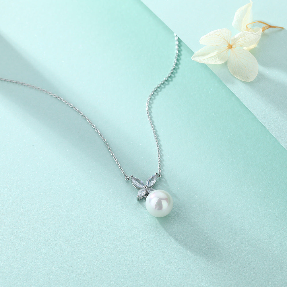 Elegant 10mm Pearl Pendant Necklace Botanical Four-Petal Blossom Marqusie Pendant