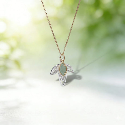 Delicate Sage Leaf Silver Green Aventurine Pendant Botanical Filigree Necklace