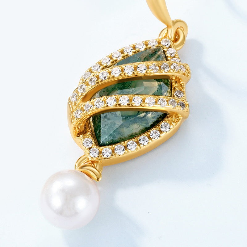 Luxury Moss Agate & Pearl Drop Earrings, Spiral Dangles
