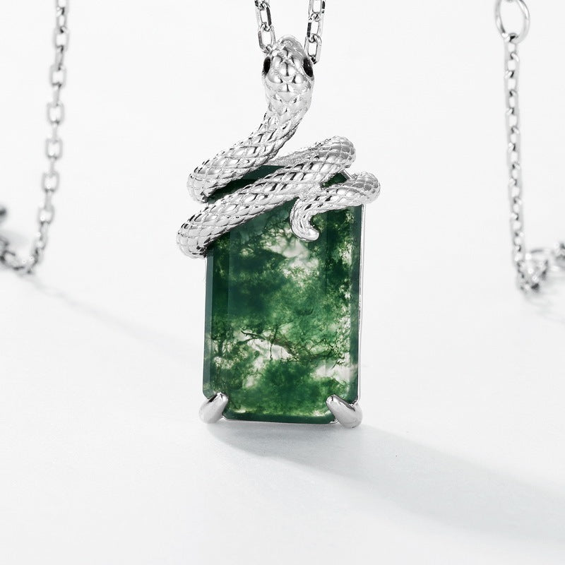 Luxury Snake Shape Green Moss Agate Pendant Necklace