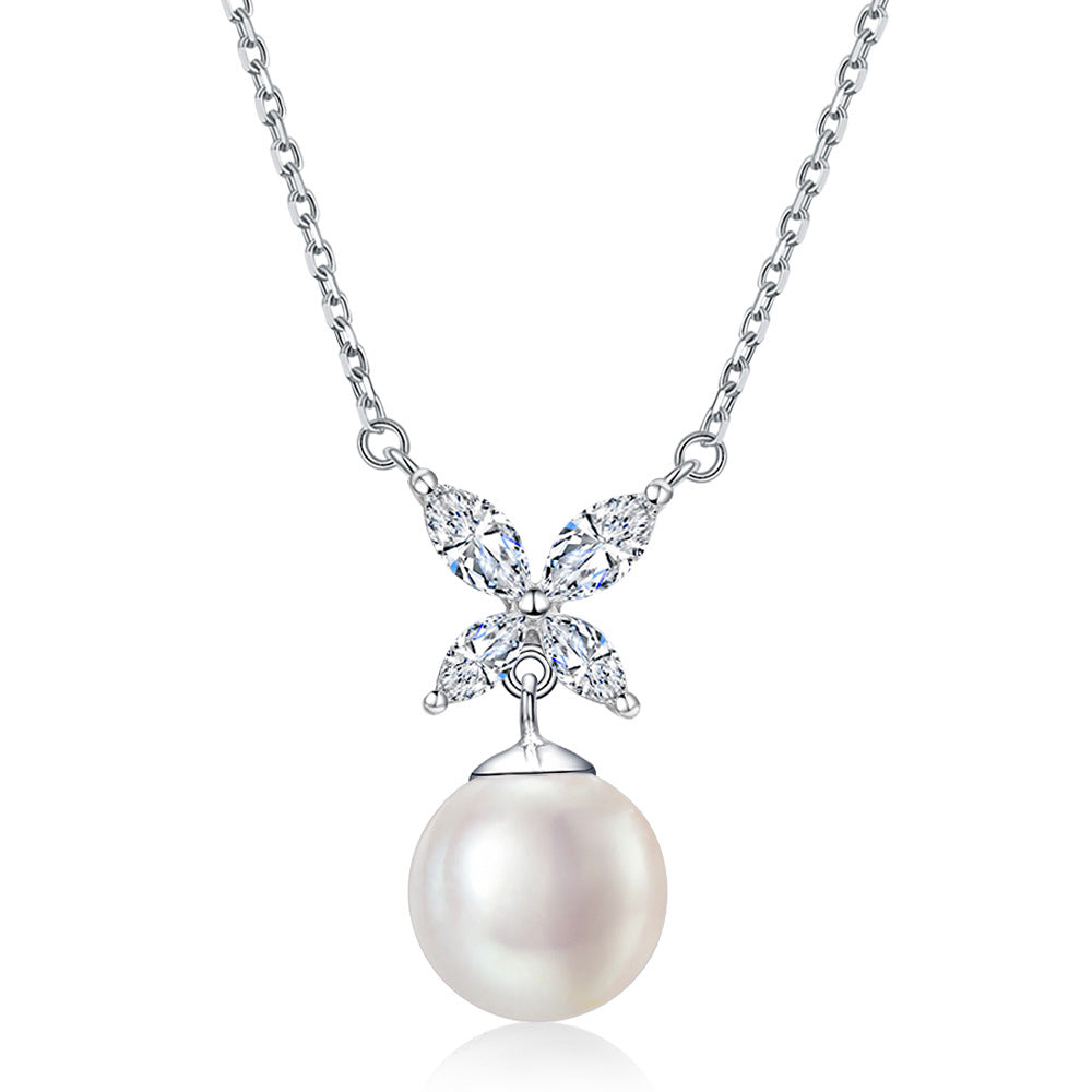 Elegant 10mm Pearl Pendant Necklace Botanical Four-Petal Blossom Marqusie Pendant