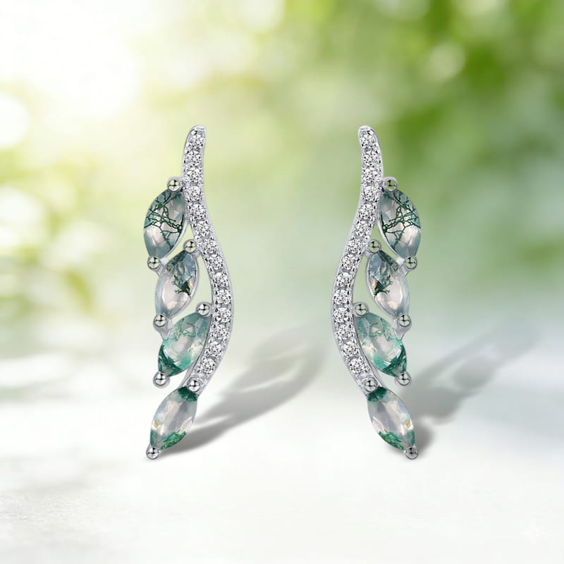 Luxury Marqusie Cut Green Moss Agate Leaf Vine Earrings