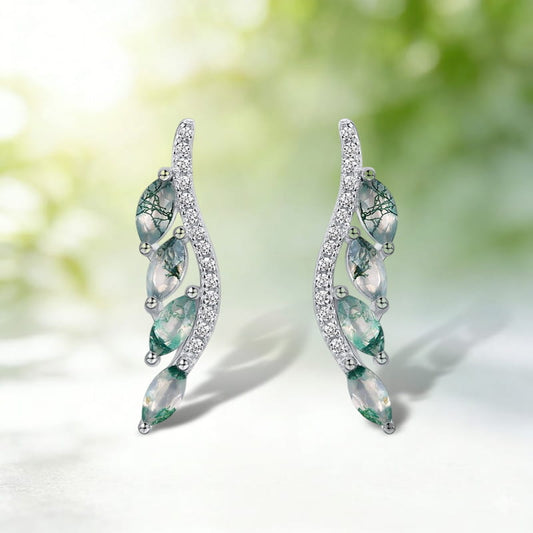 Luxury Marqusie Cut Green Moss Agate Leaf Vine Earrings