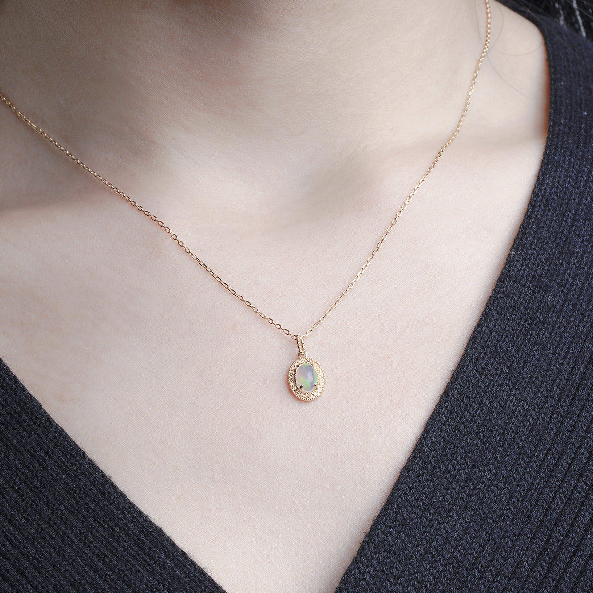 Oval Cabochon Ethiopian Opal Necklace • Vintage Engraved Milgrain Medal Pendant