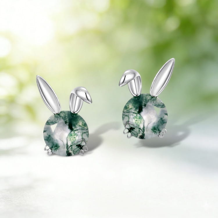 Natural Round Cut Moss Agate Rabbit Studs Bunny Earrings