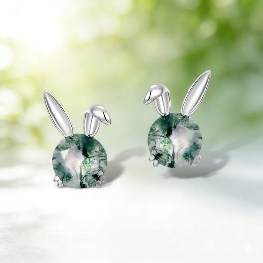 Natural Round Cut Moss Agate Rabbit Studs Bunny Earrings