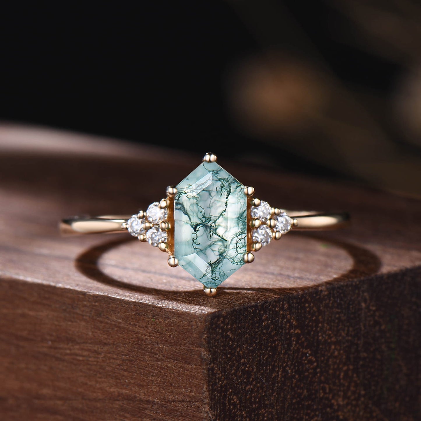 Hexagon Moss Agate Engagement Ring Set, Vintage Nature Inspired Branch Vine Ring, Unique Cluster Bridal Set