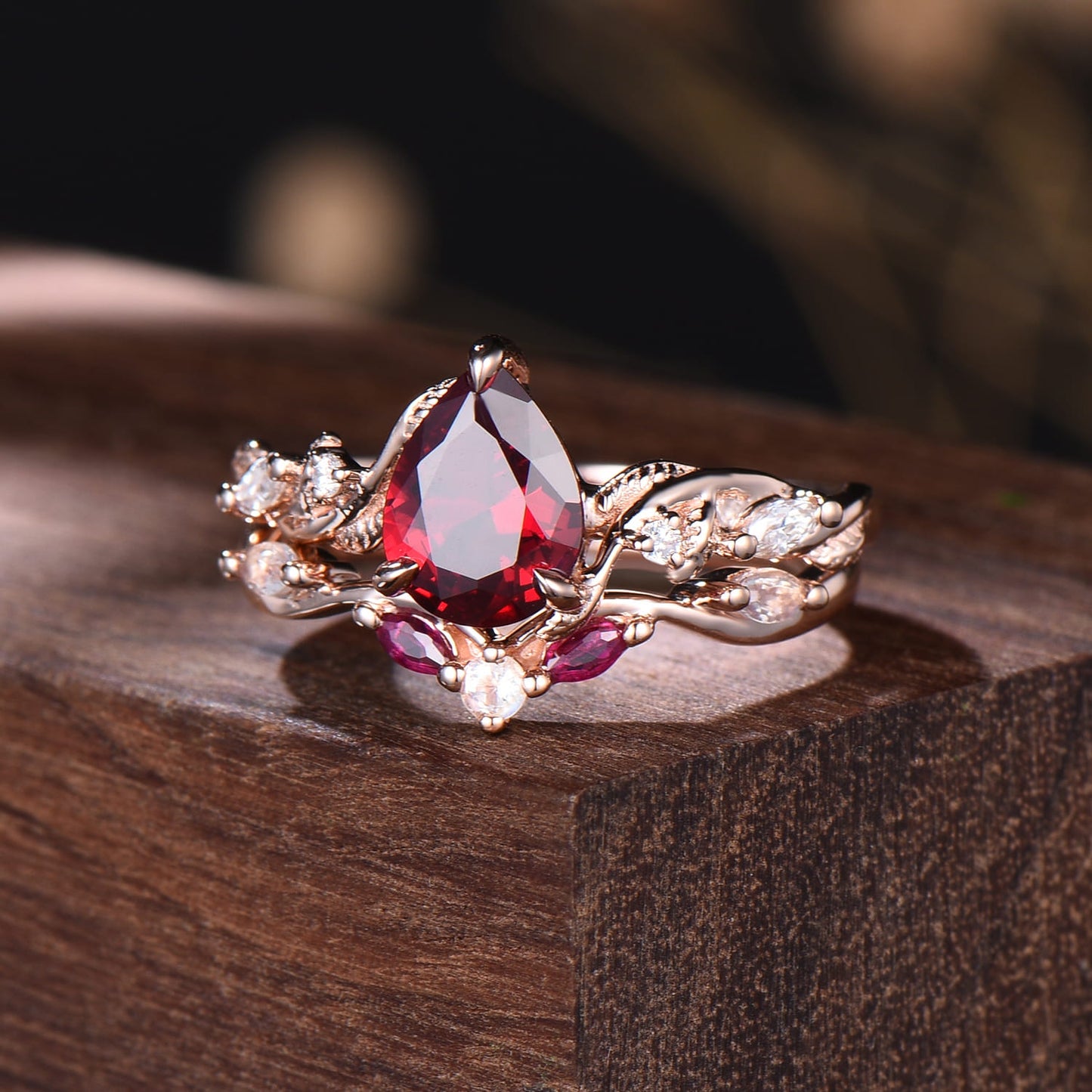 Nature Inspired Pear Ruby Bridal Set 14k rose gold Unique Twig Vine Teardrop Ruby Engagement Ring Ring Set women
